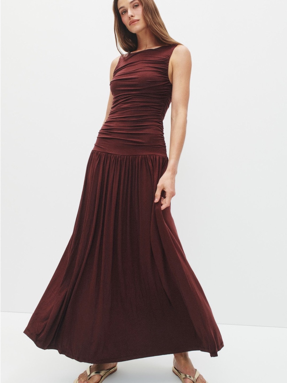 Summer Away Sleeveless Ruched Maxi Dress in Deep Burgundy size XL
